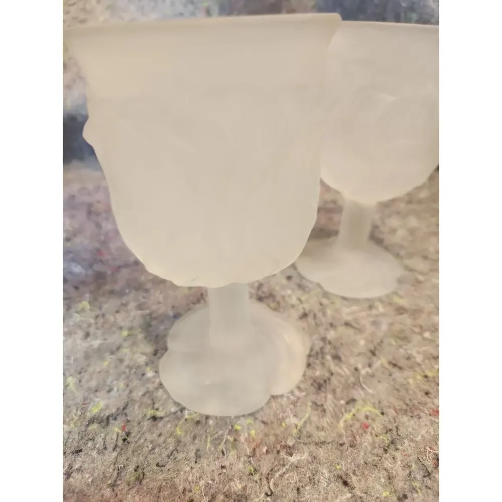 2 Avon Flower Frost White Frosted Goblet Wine Glass Votive 1979 Leaf Pattern